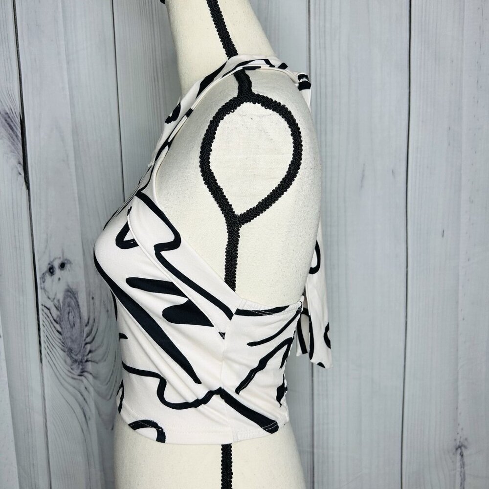 SHEIN Women's Black Ivory Satin Tie-Neck Halter Crop Top Smocked Back Sz S - Picture 5 of 8